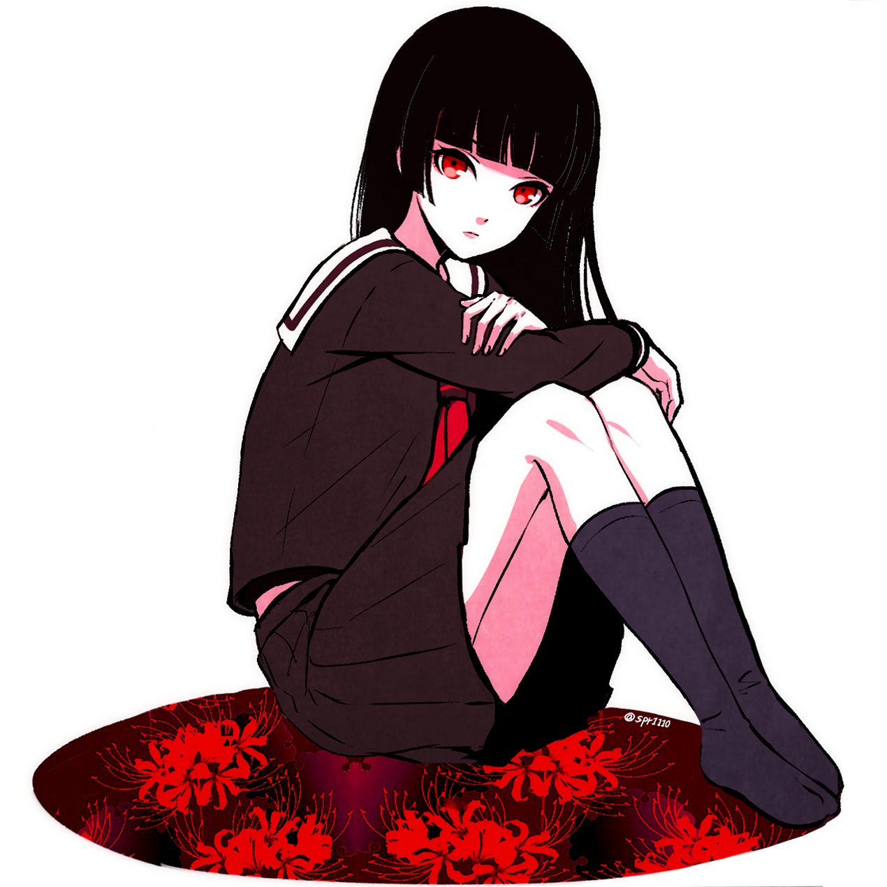 1girl arms_on_knees bangs black_hair black_serafuku black_skirt black_socks blunt_bangs crossed_arms enma_ai flower highres hime_cut japanese_clothes jigoku_shoujo long_hair long_sleeves looking_at_viewer red_eyes red_sailor_collar sailor_collar school_uniform serafuku sitting skirt socks solo spider_lily tb_(spr1110)