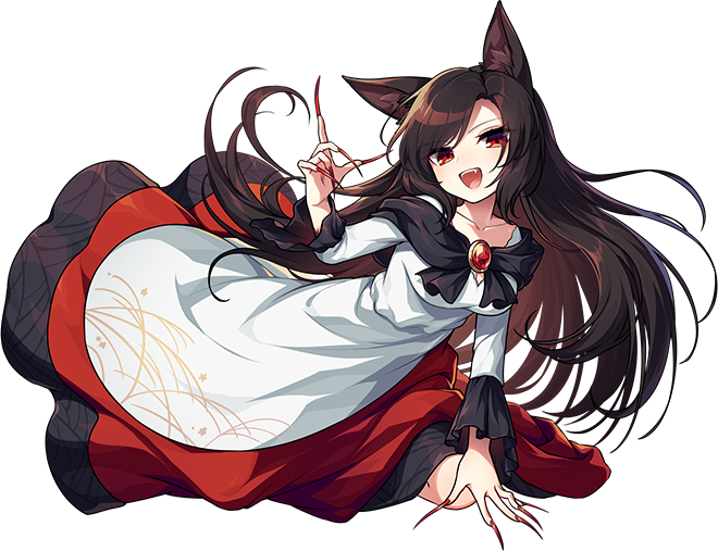 1girl animal_ears blush breasts brown_hair collarbone dress fingernails full_body imaizumi_kagerou kozakura_(dictionary) long_fingernails long_hair long_sleeves medium_breasts multicolored_clothes multicolored_dress nail_polish official_art open_mouth red_dress red_eyes red_nails sharp_fingernails smile solo touhou touhou_danmaku_kagura transparent_background white_dress wolf_ears