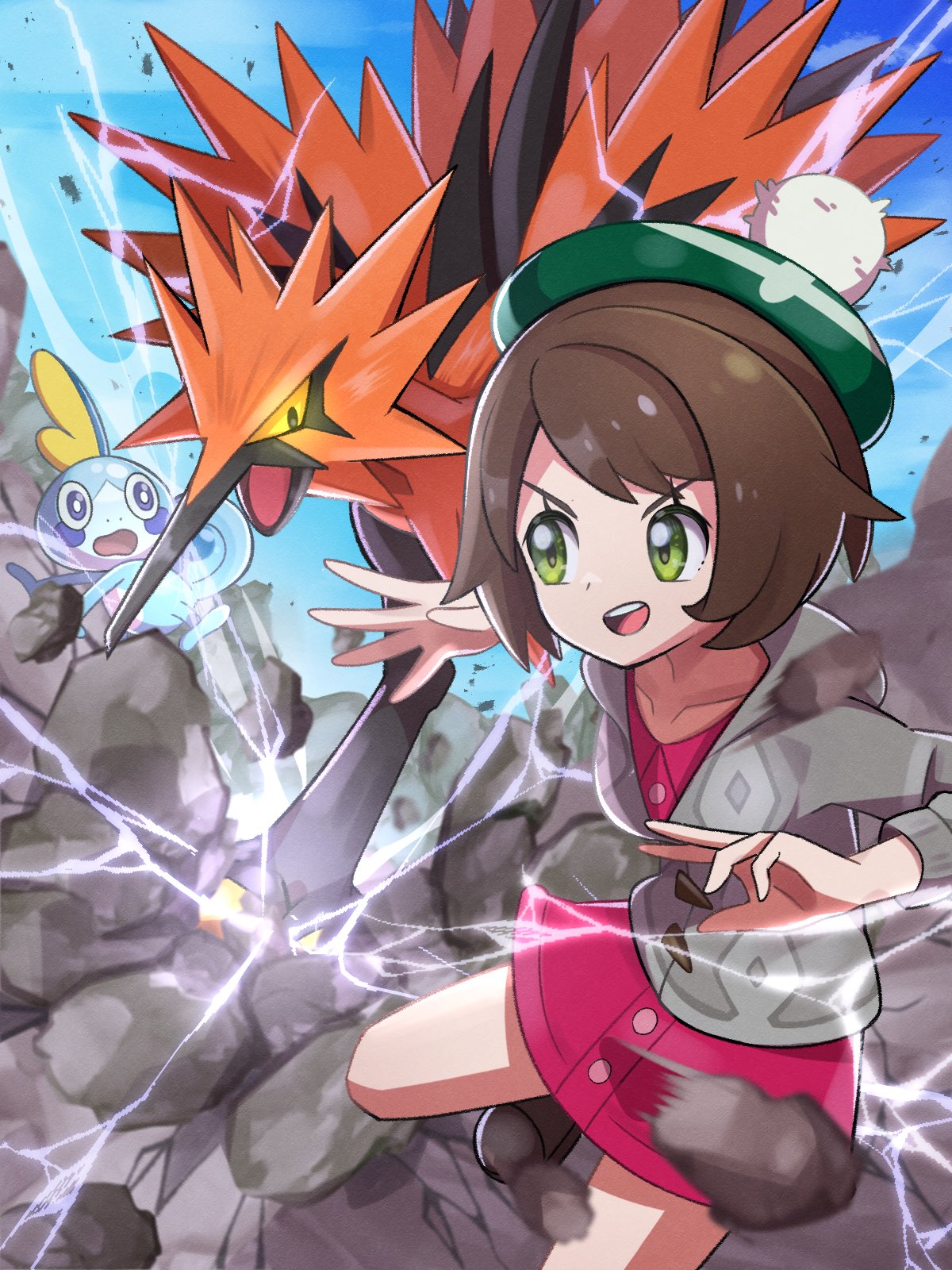 1girl beak blue_skin brown_hair cardigan clouds collarbone collared_dress colored_sclera colored_skin day dress electricity galarian_zapdos gloria_(pokemon) glowing glowing_eyes grey_cardigan hat highres inana_umi looking_at_another open_mouth pokemon pokemon_(game) pokemon_swsh rock sky sobble tam_o'_shanter teeth v-shaped_eyebrows yellow_sclera