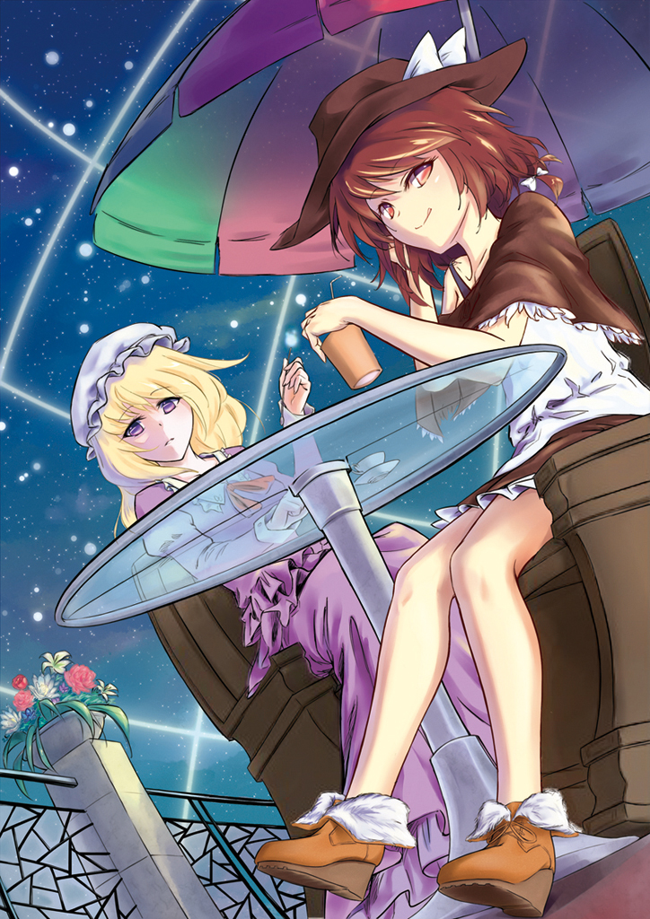 2girls alternate_costume blonde_hair boots brown_eyes brown_hair capelet coffee fedora hat heiqi_(sharpface) long_skirt magical_astronomy maribel_hearn miniskirt mob_cap multiple_girls night night_sky short_hair skirt sky star_(sky) starry_sky touhou umbrella usami_renko violet_eyes