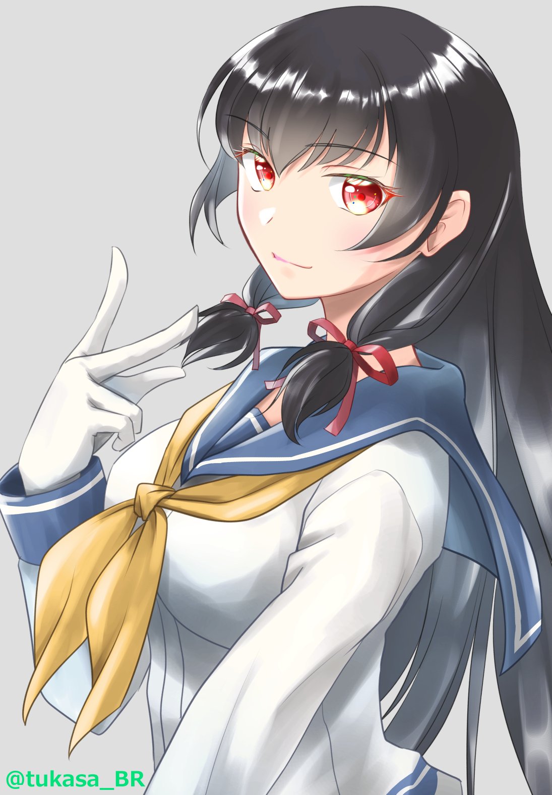 1girl black_hair blue_sailor_collar commentary_request hair_ribbon highres isokaze_(kancolle) kantai_collection long_hair long_sleeves looking_at_viewer neckerchief one-hour_drawing_challenge red_eyes ribbon sailor_collar school_uniform serafuku solo tress_ribbon tsukasa_(tukasa_br) upper_body yellow_neckerchief