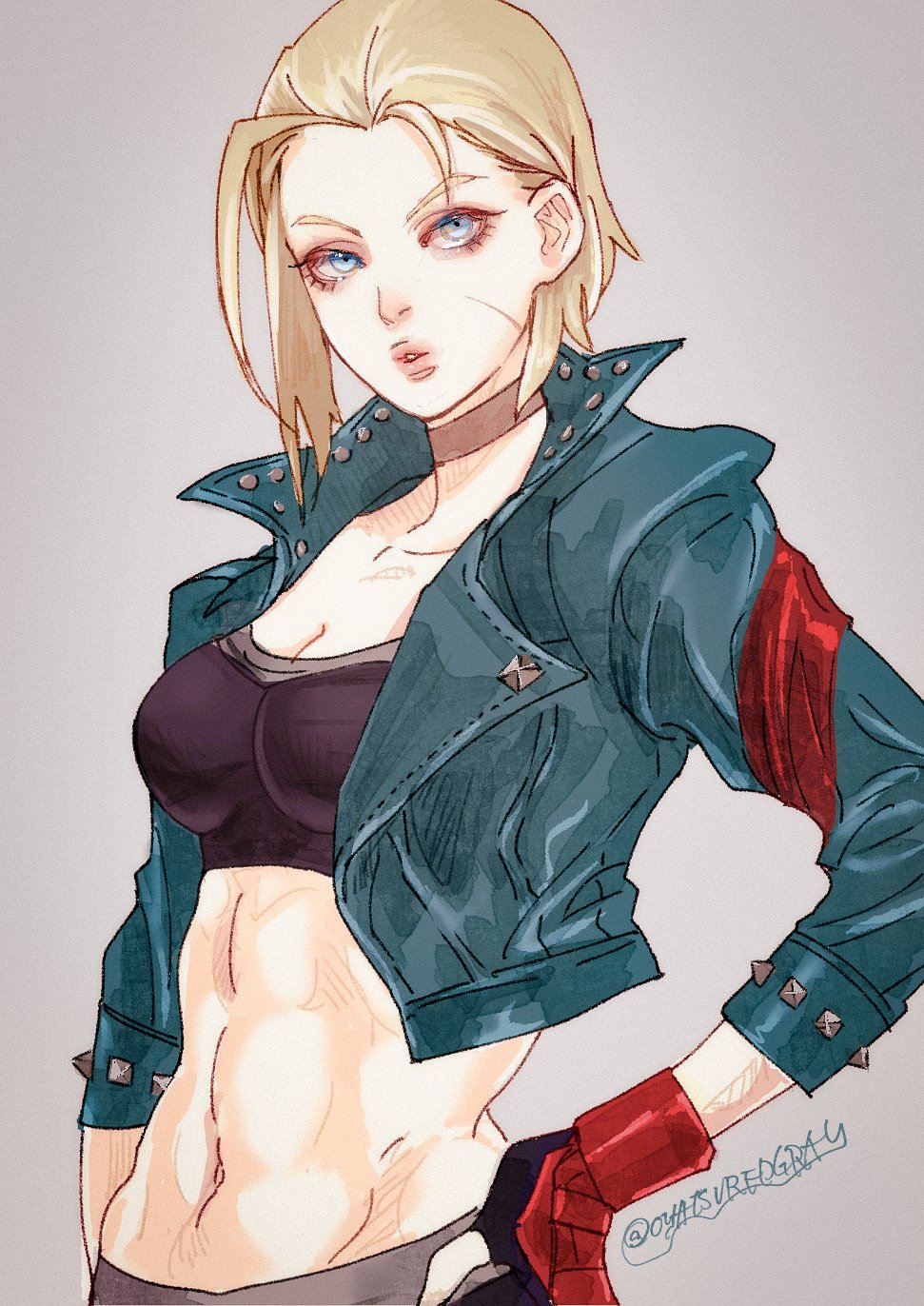 1girl abs ahoge antenna_hair blonde_hair blue_eyes breasts cammy_white highres jacker looking_at_viewer navel oyatsuredgray scar short_hair simple_background small_breasts solo street_fighter street_fighter_6