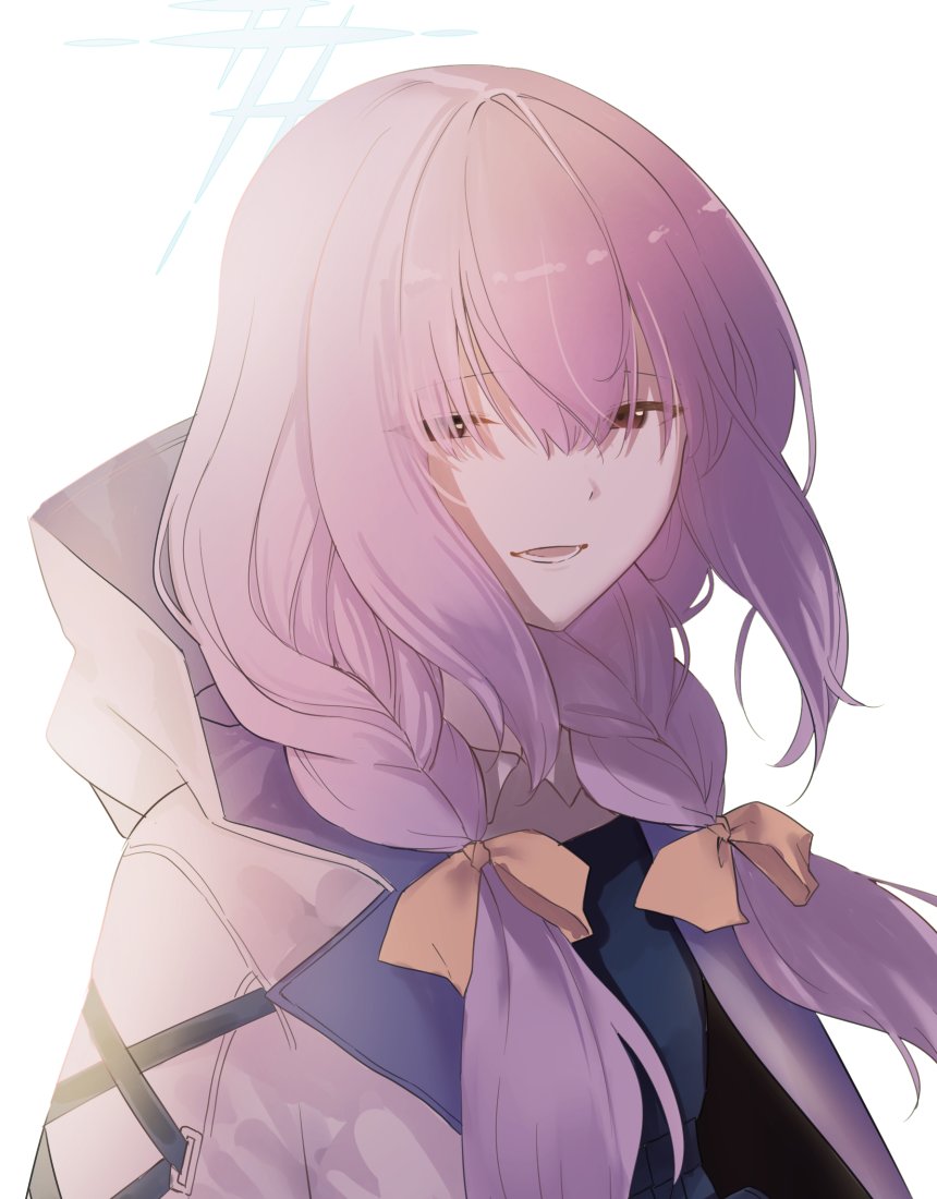 1girl atsuko_(blue_archive) bangs blue_archive braid half-closed_eyes halo hood hood_down hooded_jacket jacket long_hair looking_at_viewer open_mouth purple_hair smile solo twin_braids upper_body white_background white_jacket yayuyoron
