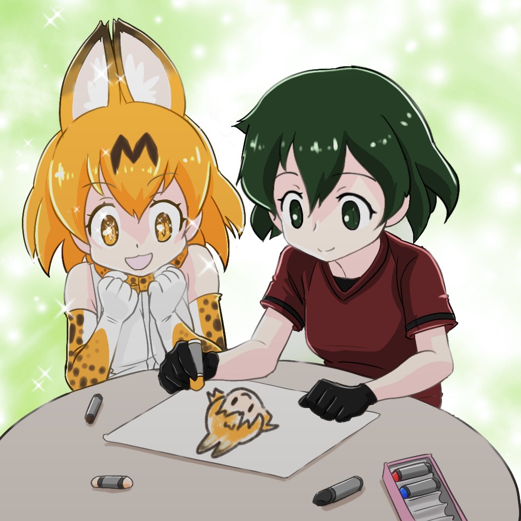 2girls animal_ears bare_shoulders black_gloves black_hair blonde_hair bow bowtie cat_ears cat_girl cat_tail crayon drawing elbow_gloves gloves green_eyes kaban_(kemono_friends) kemono_friends msl2go multiple_girls paper print_bow print_bowtie print_gloves red_shirt serval_(kemono_friends) serval_print shirt short_hair short_sleeves sleeveless sparkling_eyes t-shirt tail white_gloves white_shirt yellow_eyes