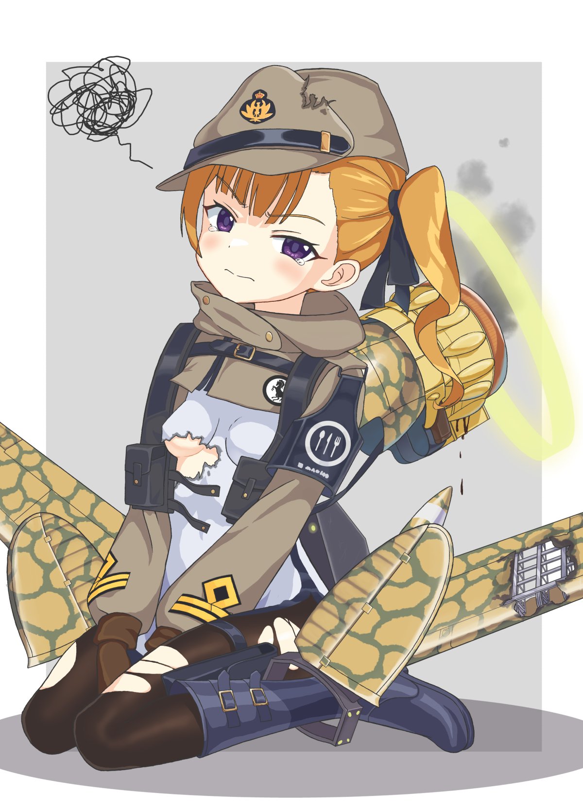 1girl ash_arms boots breasts character_request hat highres looking_at_viewer mecha_musume military military_hat military_uniform orange_hair pantyhose saettanmm336 side_ponytail simple_background sitting small_breasts smoke solo tears torn_clothes uniform violet_eyes white_background