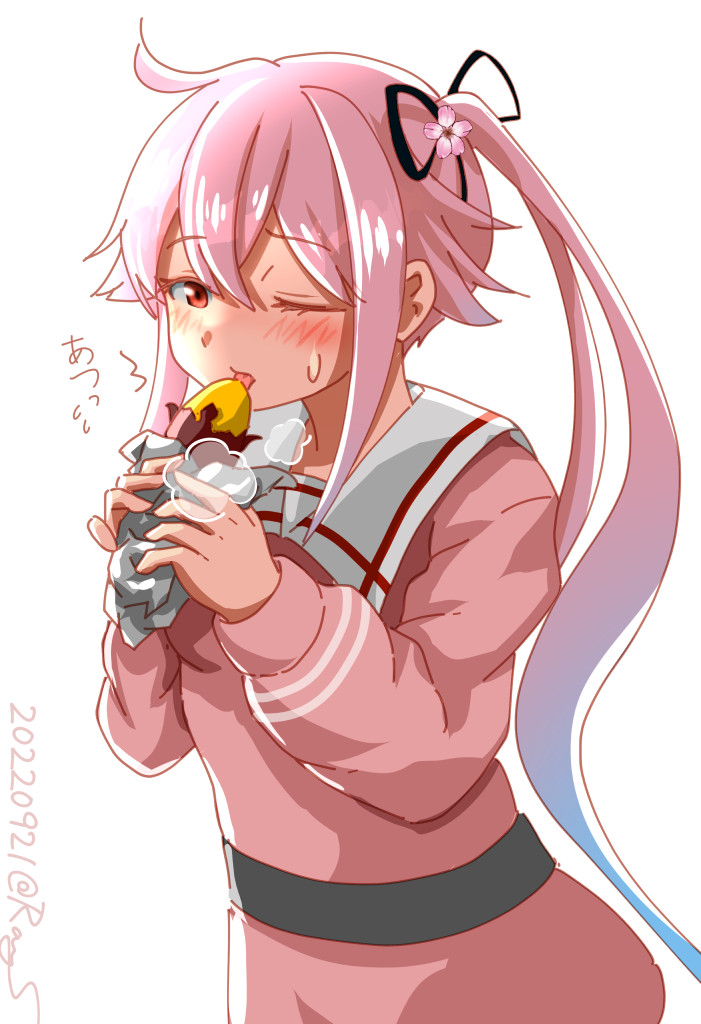 1girl black_ribbon blush dated dress flower food hair_between_eyes hair_flower hair_ornament hair_ribbon harusame_(kancolle) holding holding_food kantai_collection long_hair long_sleeves one-hour_drawing_challenge one_eye_closed pink_dress pink_flower pink_hair ray.s red_eyes ribbon side_ponytail simple_background solo sweet_potato twitter_username white_background
