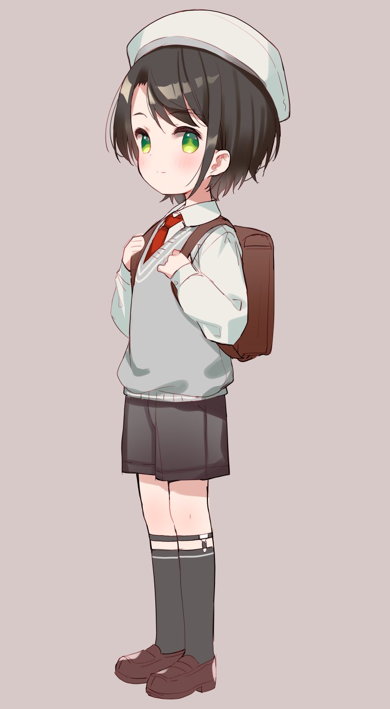 1girl backpack bag bangs beret black_hair black_shorts black_socks blush brown_background brown_footwear closed_mouth collared_shirt full_body green_eyes hands_up hat highres holding_strap hololive kneehighs loafers long_sleeves meito_(maze) necktie oozora_subaru parted_bangs puffy_long_sleeves puffy_sleeves red_necktie shirt shoes short_hair shorts simple_background sleeves_past_wrists smile socks solo standing sweater_vest virtual_youtuber white_headwear white_shirt