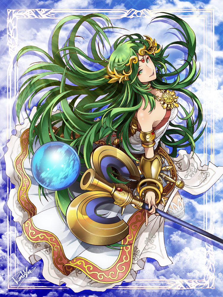 1girl armlet bangs bare_shoulders blue_sky bracelet bracer circlet clouds dress gold green_eyes green_hair holding holding_staff isamu-ki_(yuuki) jewelry kid_icarus long_hair neck_ring necklace open_mouth over-kneehighs palutena parted_bangs photo_background sky smile solo staff strapless strapless_dress teeth thigh-highs very_long_hair white_dress white_thighhighs