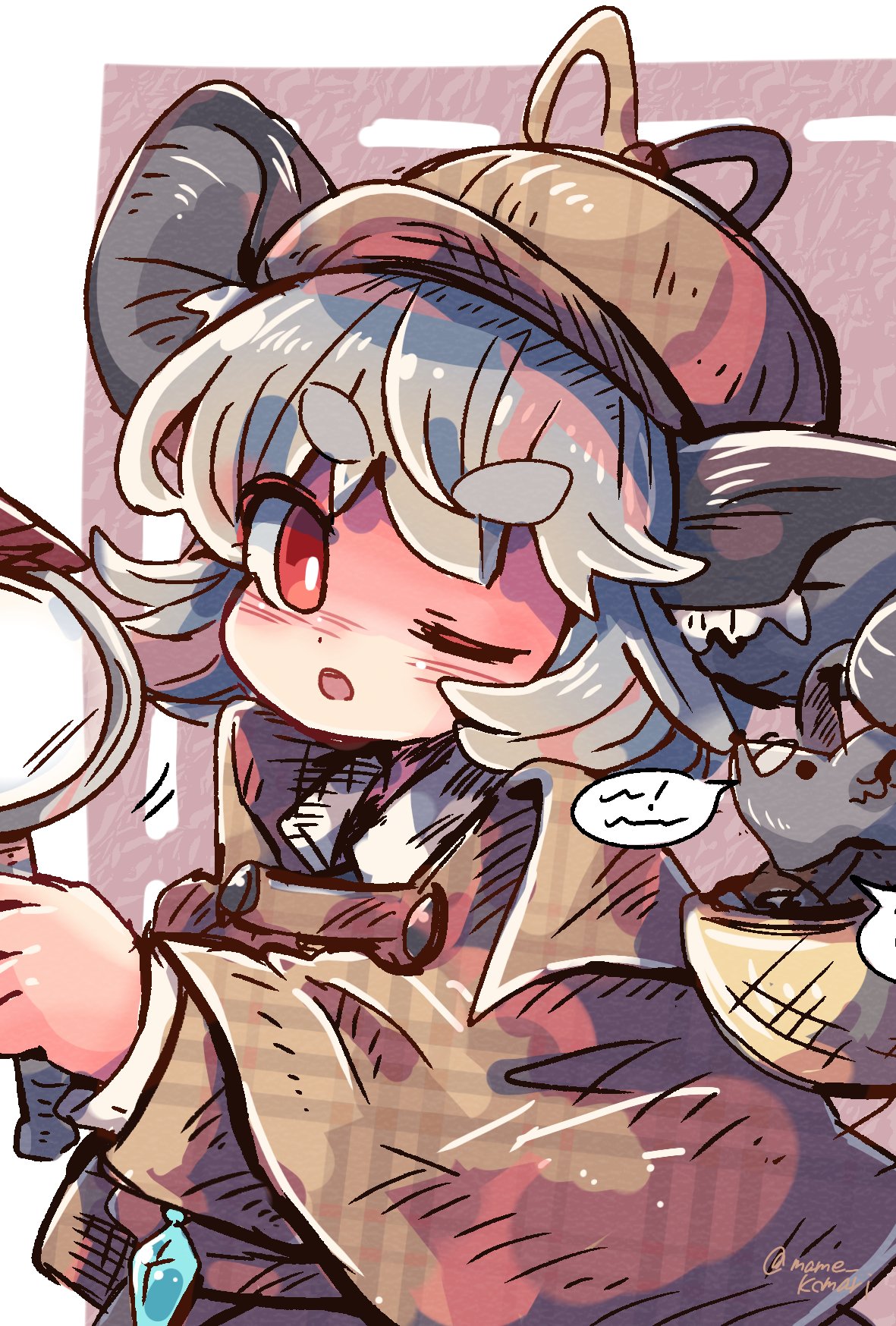 1girl ;o animal_ears bright_pupils brown_capelet brown_headwear capelet collared_shirt commentary_request detective grey_hair hat highres holding holding_magnifying_glass long_sleeves magnifying_glass mame_komari medium_hair mouse mouse_ears mouse_girl nazrin one-hour_drawing_challenge one_eye_closed open_mouth red_eyes shirt solo touhou white_pupils white_shirt