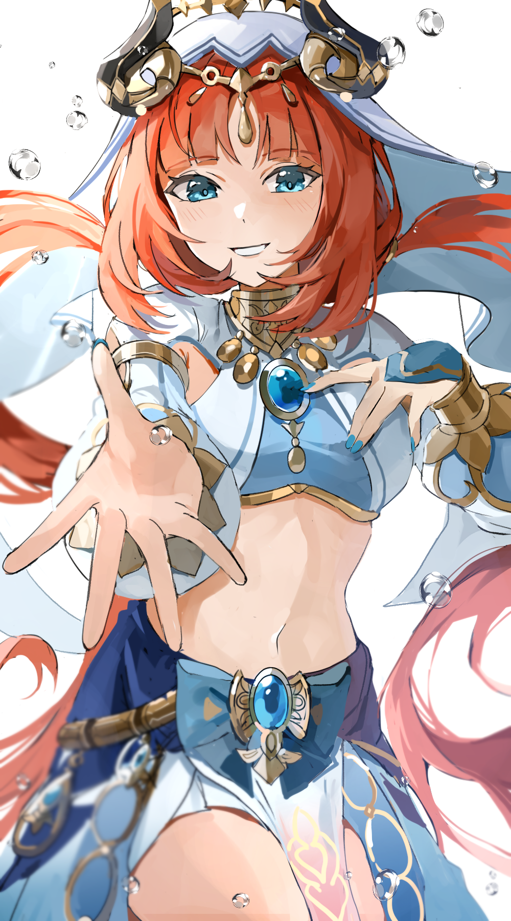 1girl aqua_eyes bangs blue_nails bow brooch circlet cowboy_shot crop_top floating_hair forehead_jewel genshin_impact gold_trim grin gyoju_(only_arme_nim) harem_outfit highres horns jewelry long_hair long_sleeves looking_at_viewer low_twintails nail_polish navel neck_ring nilou_(genshin_impact) outstretched_hand parted_bangs parted_lips pelvic_curtain puffy_long_sleeves puffy_sleeves redhead shrug_(clothing) simple_background skirt smile solo stomach thighs twintails vambraces veil vision_(genshin_impact) water white_background