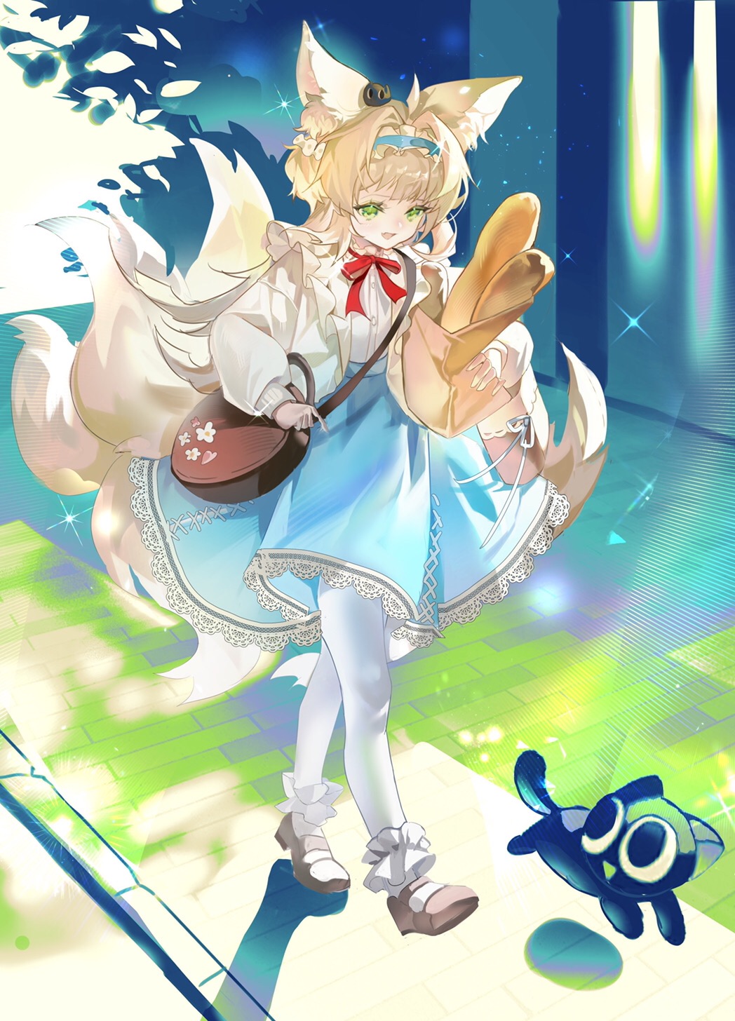 1girl :d ahoge animal_ear_fluff animal_ears arknights bag black_cat blonde_hair blue_hairband blue_skirt brown_footwear cat commentary_request crossover fox_ears fox_girl fox_tail frilled_hairband frills full_body hair_intakes hairband heixiu highres jacket kitsune long_hair long_sleeves luoxiaohei on_head open_clothes open_jacket pantyhose puffy_long_sleeves puffy_sleeves shirt shoes shoulder_bag skirt smile suzuran_(arknights) suzuran_(spring_praise)_(arknights) tail tansuanmeizi the_legend_of_luo_xiaohei walking white_jacket white_pantyhose white_shirt