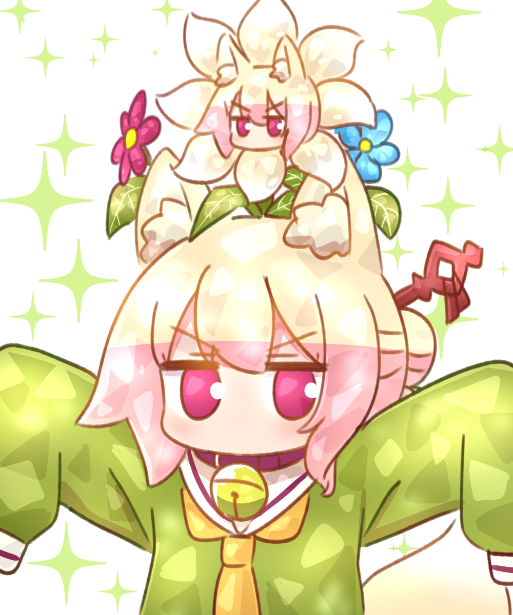 2girls animal_ear_fluff animal_ears bangs bell blonde_hair blue_flower brown_collar collar flower flower_on_head fox_ears green_shirt hair_bun hair_ornament highres jingle_bell kemomimi-chan_(naga_u) long_sleeves looking_at_viewer multiple_girls naga_u neck_bell necktie orange_necktie original outstretched_arms parody pokemon pokemon_(game) pokemon_sv purple_flower sailor_collar shirt simple_background sleeves_past_fingers sleeves_past_wrists sparkle_background terastal v-shaped_eyebrows violet_eyes white_background white_sailor_collar