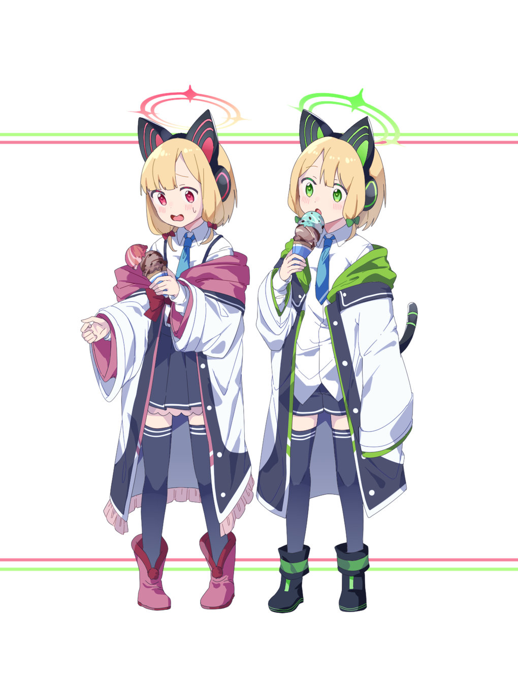 2girls bangs black_shorts black_skirt black_thighhighs blonde_hair blue_archive boots cat_ear_headphones coat food green_eyes halo headphones highres holding ice_cream ice_cream_cone long_sleeves marudeningen midori_(blue_archive) momoi_(blue_archive) multiple_girls open_clothes open_coat pleated_skirt red_eyes school_uniform shirt short_hair shorts siblings simple_background sisters skirt standing sweat thigh-highs twins white_shirt wide_sleeves