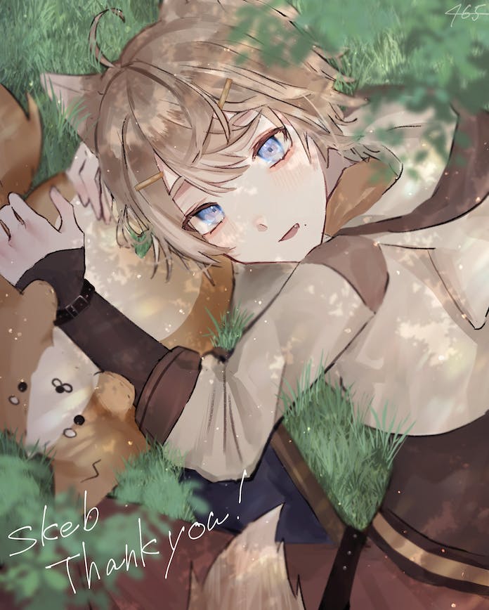 1boy 4646_5 animal_ears blonde_hair blue_eyes commission dog dog_boy dog_ears dog_tail fang hair_ornament hairclip indie_virtual_youtuber kono_hinoki looking_at_viewer male_focus mole mole_under_mouth open_mouth skeb_commission solo tail virtual_youtuber