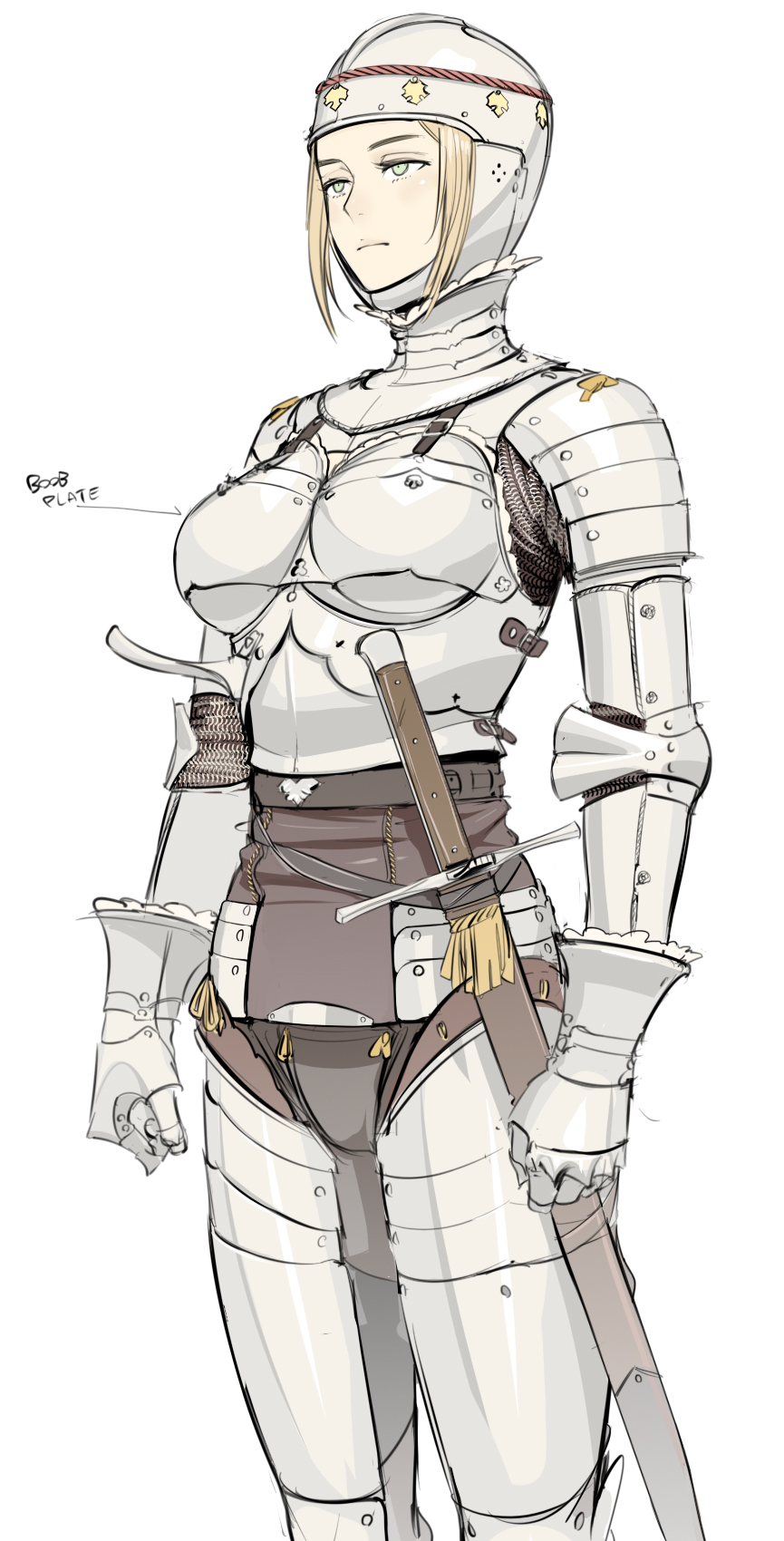 1girl armor blonde_hair boobplate breastplate closed_mouth expressionless faulds full_armor gauntlets greaves helmet highres metal_boots nisetanaka original pauldrons short_hair shoulder_armor solo standing