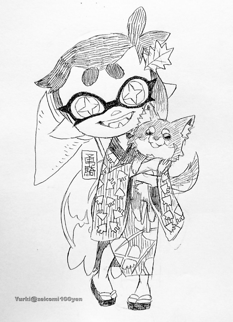 1girl :d aged_down animal animal_print callie_(splatoon) chihuahua cross-shaped_pupils dog fangs full_body geta hair_ornament holding holding_animal isamu-ki_(yuuki) japanese_clothes kimono leaf_hair_ornament looking_at_viewer mole mole_under_eye monochrome net open_mouth pointy_ears short_hair simple_background smile splatoon_(series) squid_print teeth tentacle_hair traditional_media twitter_username white_background wide_sleeves