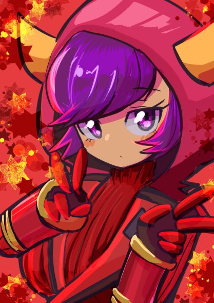 1girl commentary_request courtney_(pokemon) gloves hood hood_up hoodie horns kayucha_(xnsushi) looking_at_viewer pokemon pokemon_(game) pokemon_oras purple_hair red_gloves red_hoodie red_sweater ribbed_sweater short_hair sweater team_magma team_magma_uniform v violet_eyes wrist_cuffs
