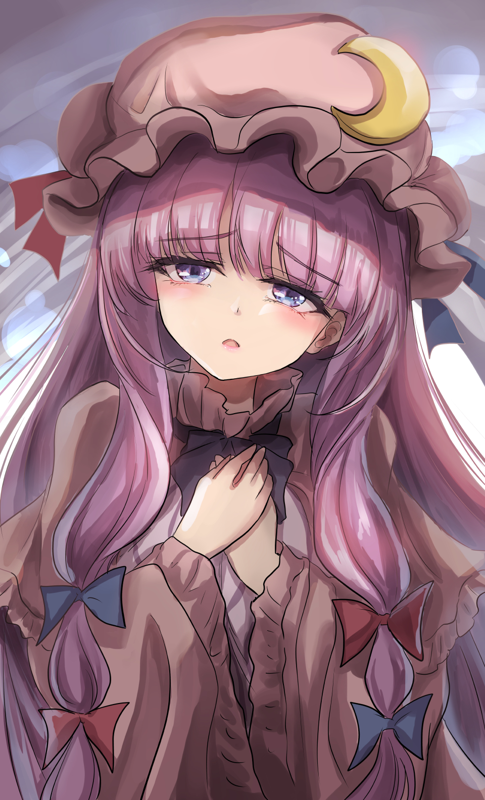 1girl bangs blue_bow blue_ribbon blunt_bangs blush bow bowtie capelet collar commentary crescent crescent_hat_ornament hair_bow hands_on_own_chest hat hat_ornament hat_ribbon head_tilt highres long_hair looking_at_viewer mob_cap namiki_(remiter00) open_mouth patchouli_knowledge purple_bow purple_bowtie purple_hair red_bow red_ribbon ribbon robe solo touhou upper_body very_long_hair violet_eyes wide_sleeves