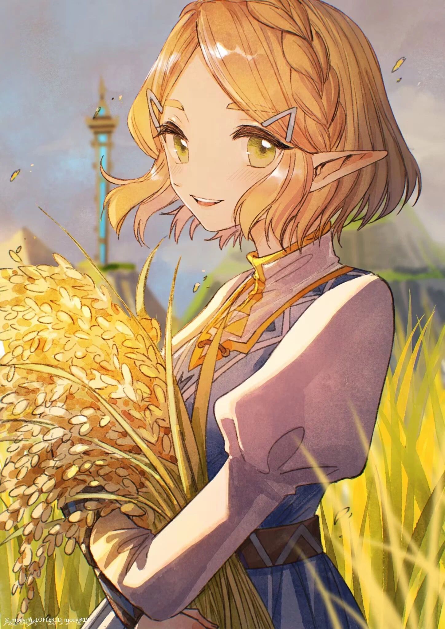 1girl bangs blue_dress bob_cut braid breasts dress grass green_eyes hair_ornament hairclip high_collar highres holding holding_plant juliet_sleeves long_sleeves looking_at_viewer medium_breasts mouyi outdoors overcast parted_bangs parted_lips plant pointy_ears princess_zelda puffy_sleeves shirt short_hair sidelocks smile solo teeth the_legend_of_zelda the_legend_of_zelda:_breath_of_the_wild tower upper_body upper_teeth white_shirt