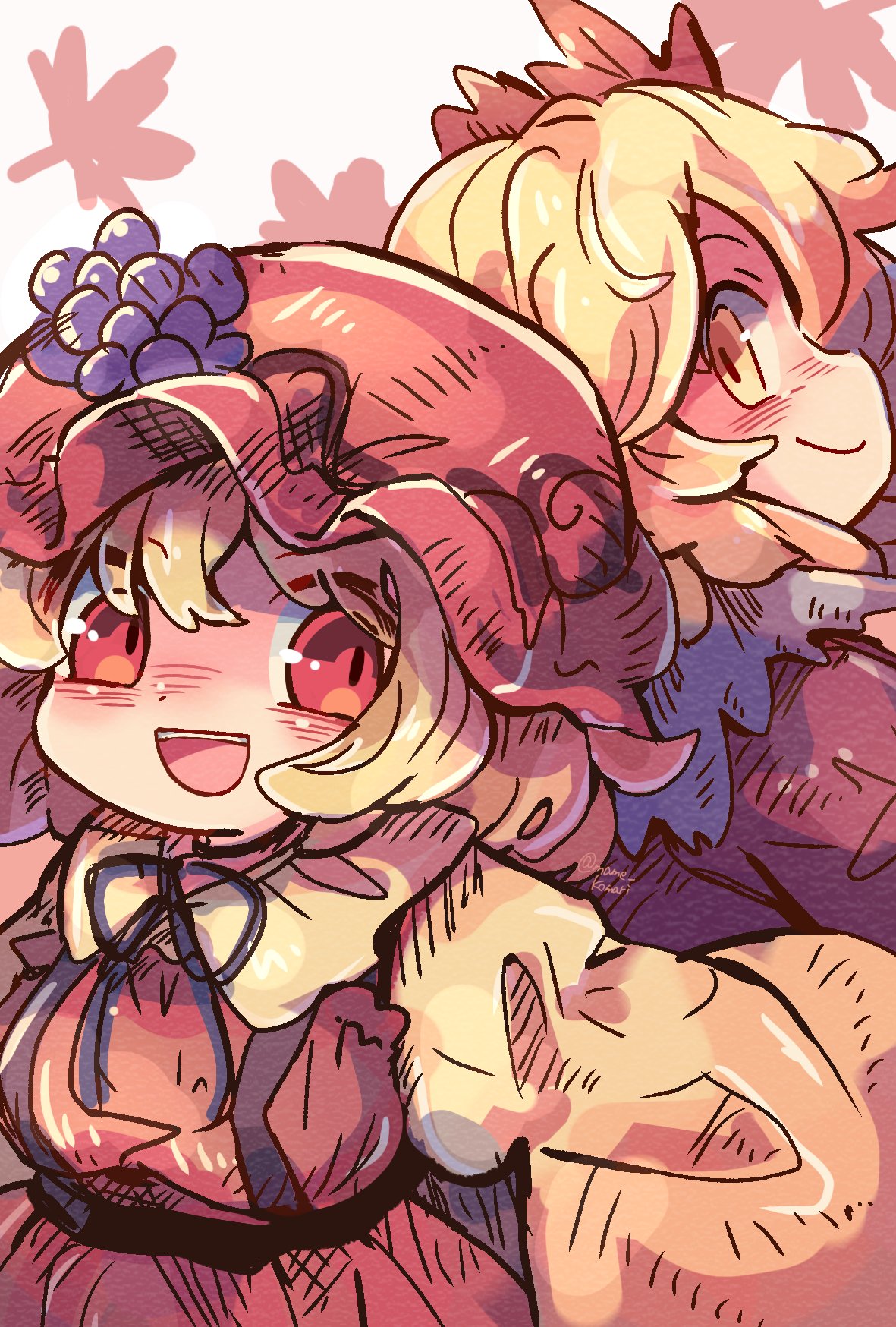 2girls :d aki_minoriko aki_shizuha autumn_leaves bangs black_ribbon blonde_hair blush commentary dress grape_hat_ornament hair_ornament hat highres leaf_hair_ornament long_sleeves looking_at_another looking_at_viewer mame_komari medium_hair mob_cap multiple_girls one-hour_drawing_challenge open_mouth red_dress red_eyes red_headwear red_shirt ribbon shirt siblings sideways_glance sisters smile teeth touhou twitter_username upper_body upper_teeth wide_sleeves yellow_eyes yellow_shirt