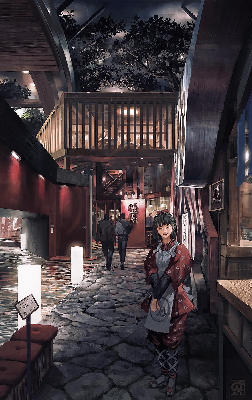1girl 2boys apron architecture bangs black_eyes black_hair blunt_bangs building cobblestone east_asian_architecture floor_lamp highres japanese_clothes light looking_at_viewer multiple_boys night noba open_mouth original road sandals scenery short_hair smile solo_focus street v_arms