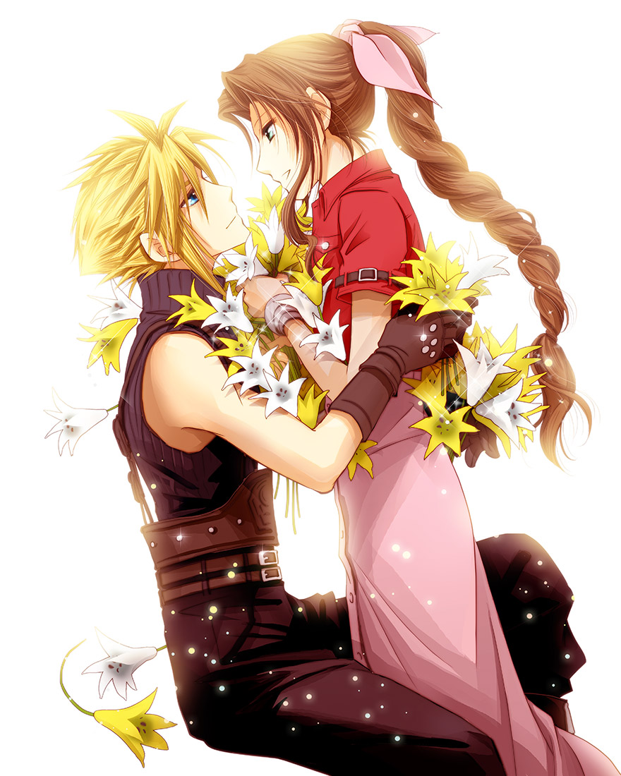 1boy 1girl aerith_gainsborough arms_around_back bangle bangs belt blonde_hair blue_eyes blue_shirt bracelet braid braided_ponytail brown_hair cloud_strife cowboy_shot cropped_jacket dress final_fantasy final_fantasy_vii final_fantasy_vii_remake flower gloves green_eyes hair_ribbon jacket jewelry long_dress long_hair looking_at_another multiple_belts parted_bangs parted_lips persia_(blue-sky) pink_dress pink_ribbon red_jacket ribbon shirt short_hair short_sleeves sleeveless sleeveless_turtleneck smile spiky_hair suspenders teeth turtleneck white_background white_flower yellow_flower