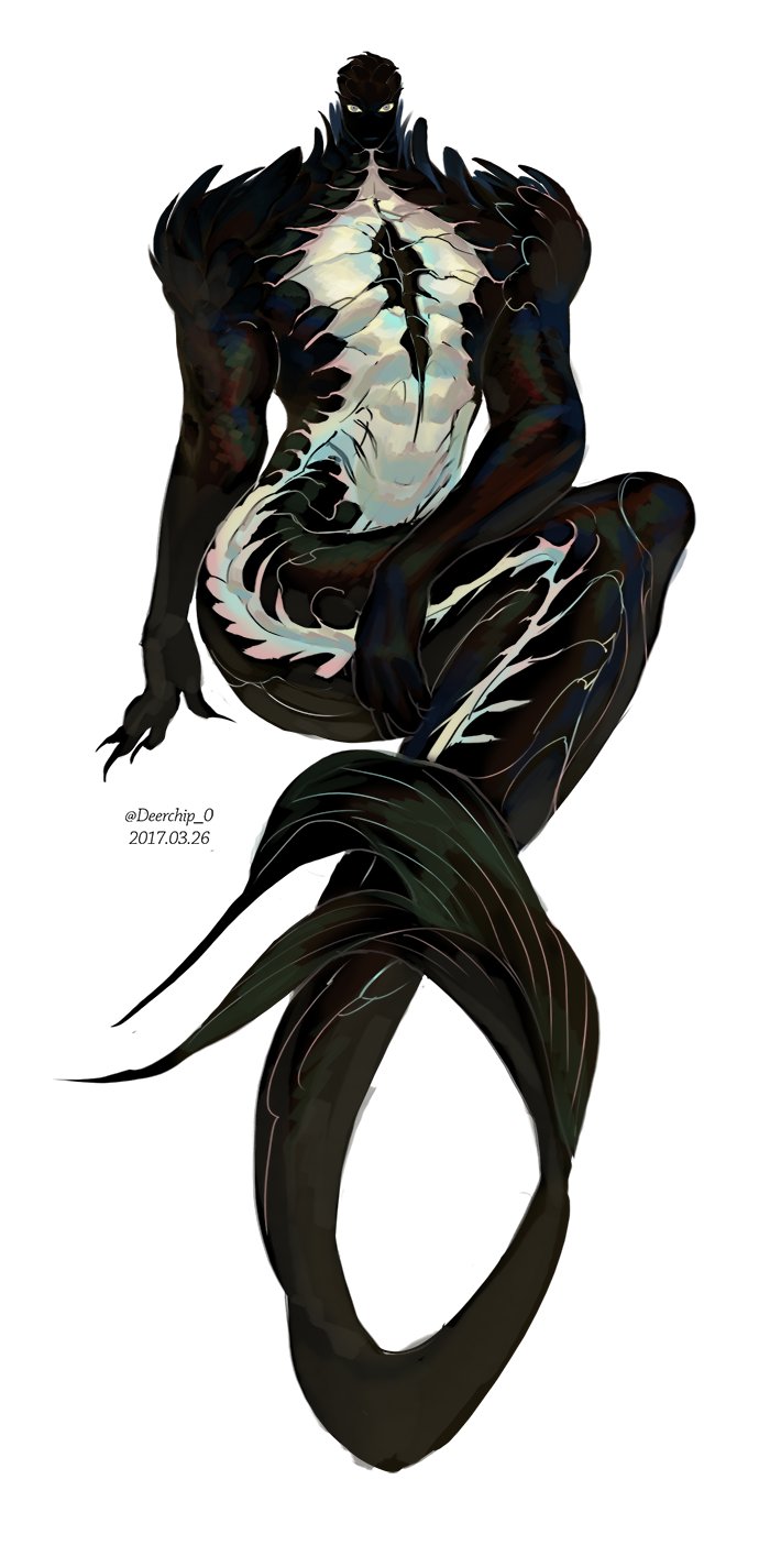 1boy black_skin claws colored_skin completely_nude dated deerchip fins full_body highres korean_commentary looking_at_viewer male_focus merman monster_boy muscular muscular_male nude original simple_background sitting solo white_background white_eyes white_skin