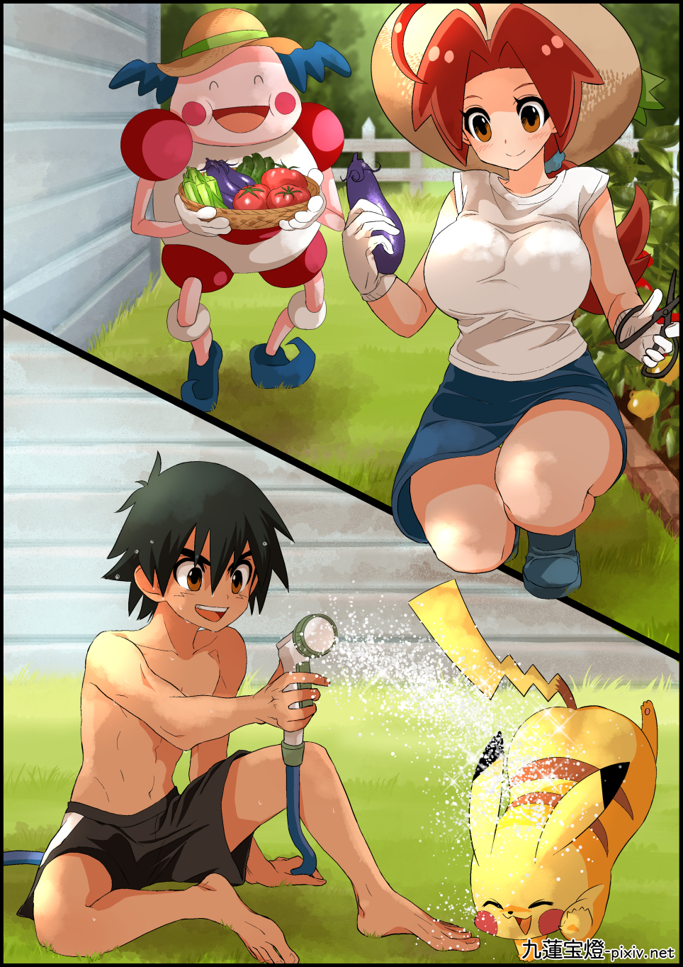 1boy 1girl ahoge ash_ketchum black_hair blue_scrunchie brown_eyes brown_hair coffee-break delia_ketchum gloves hat highres hose long_hair mother_and_son mr._mime outdoors pikachu pokemon scrunchie short_hair water white_gloves