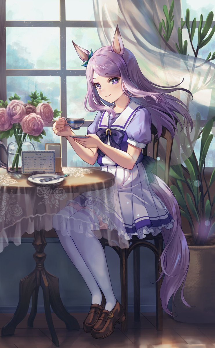 1girl animal_ears blush brown_footwear chair curtains day ear_ribbon floral_print flower horse_ears horse_girl horse_tail indoors long_hair looking_at_viewer maruyama-jp mejiro_mcqueen_(umamusume) pink_flower pink_rose plant plate pleated_skirt potted_plant purple_hair ribbon rose sailor_collar school_uniform serafuku short_sleeves sitting skirt smile solo table tablecloth tail thigh-highs tracen_school_uniform umamusume vase violet_eyes white_sailor_collar white_thighhighs window