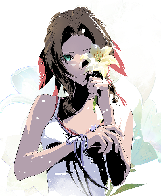 1girl aerith_gainsborough bangs bare_arms breasts brown_hair cofffee crisis_core_final_fantasy_vii dress final_fantasy final_fantasy_vii floral_background flower green_eyes hair_ribbon holding holding_flower looking_at_viewer medium_breasts one_eye_covered parted_bangs pink_ribbon purple_ribbon ribbon sidelocks sleeveless sleeveless_dress solo upper_body wavy_hair white_background white_dress wrist_ribbon yellow_flower