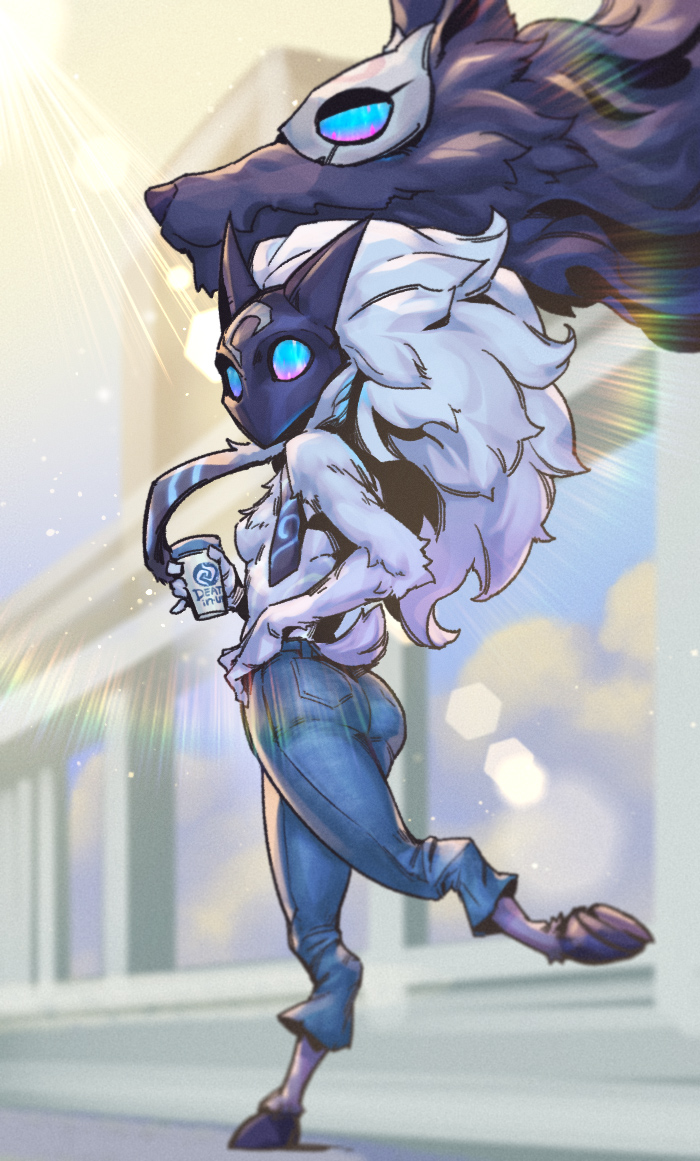 1girl ass bangs blue_eyes breasts cup denim disposable_cup furry furry_female grey_hair holding holding_cup jeans kindred_(league_of_legends) lamb_(league_of_legends) league_of_legends long_hair looking_back mask pants phantom_ix_row small_breasts standing standing_on_one_leg topless wolf_(league_of_legends)