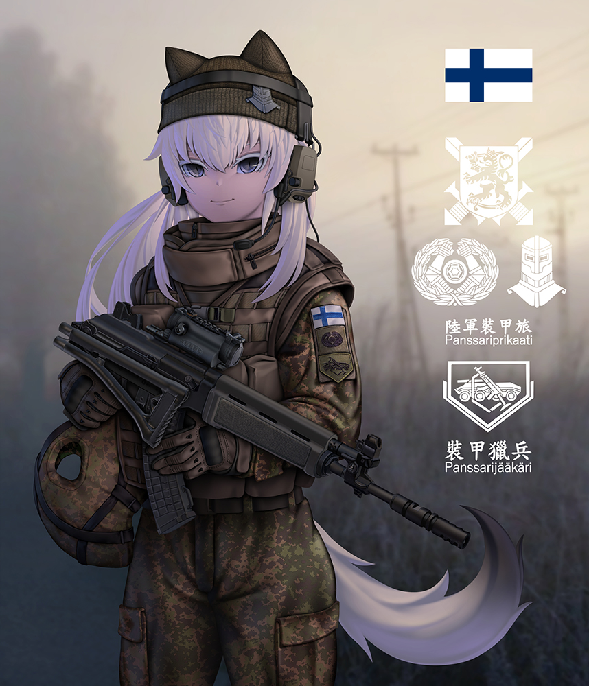 1girl animal_ears assault_rifle blue_eyes brown_gloves camouflage camouflage_jacket camouflage_pants chinese_text fang_zhenjun finland finnish_army finnish_flag finnish_text gloves green_headwear gun headset helmet holding holding_gun holding_weapon jacket knit_hat long_hair long_sleeves magazine_(weapon) military_helmet original outdoors pants rifle scope smile standing tactical_clothes tail translated weapon white_hair