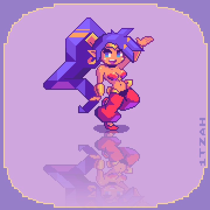 1girl blue_eyes full_body itzah pixel_art ponytail purple_hair shantae shantae_(series) solo