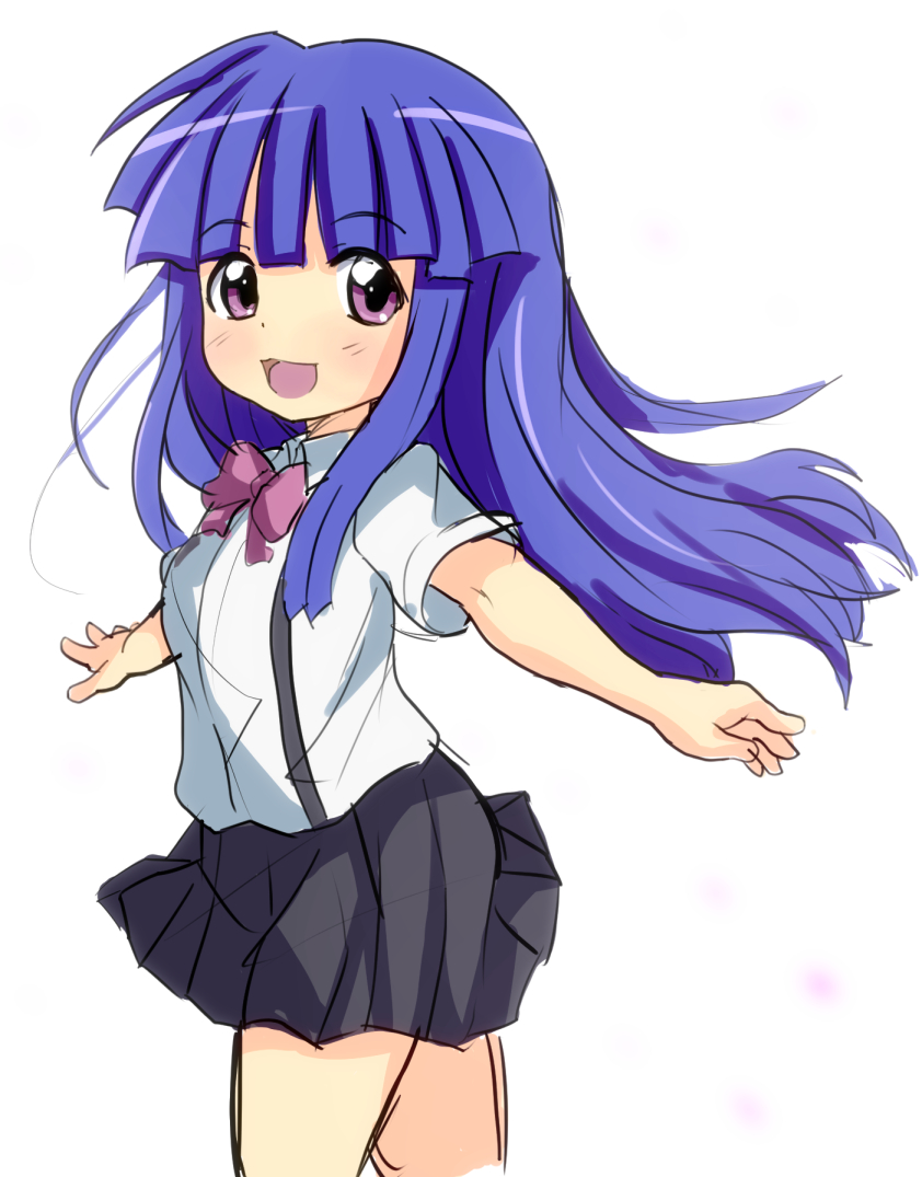 1girl black_skirt bow furude_rika higurashi_no_naku_koro_ni kansoku long_hair looking_at_viewer open_mouth outstretched_arms pleated_skirt purple_hair shirt short_sleeves simple_background sketch skirt smile solo suspender_skirt suspenders violet_eyes white_background white_shirt