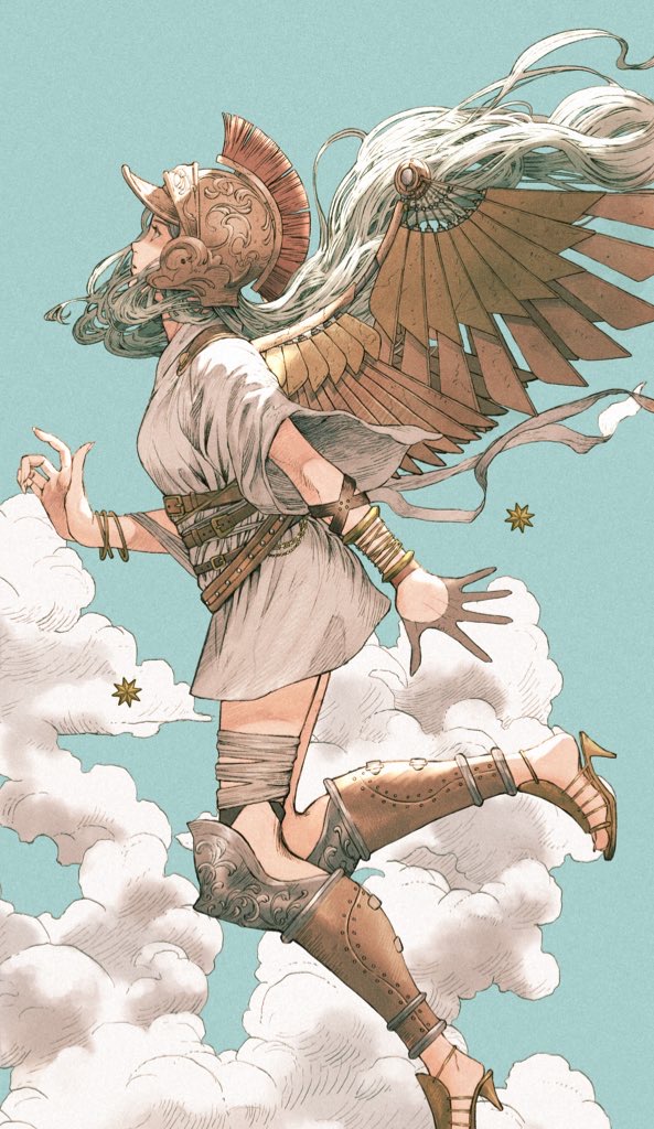 1girl athena_(mythology) belt blue_sky clouds greek_mythology helmet high_heels kuroimori looking_up mechanical_wings multiple_belts original sky toga white_hair wings