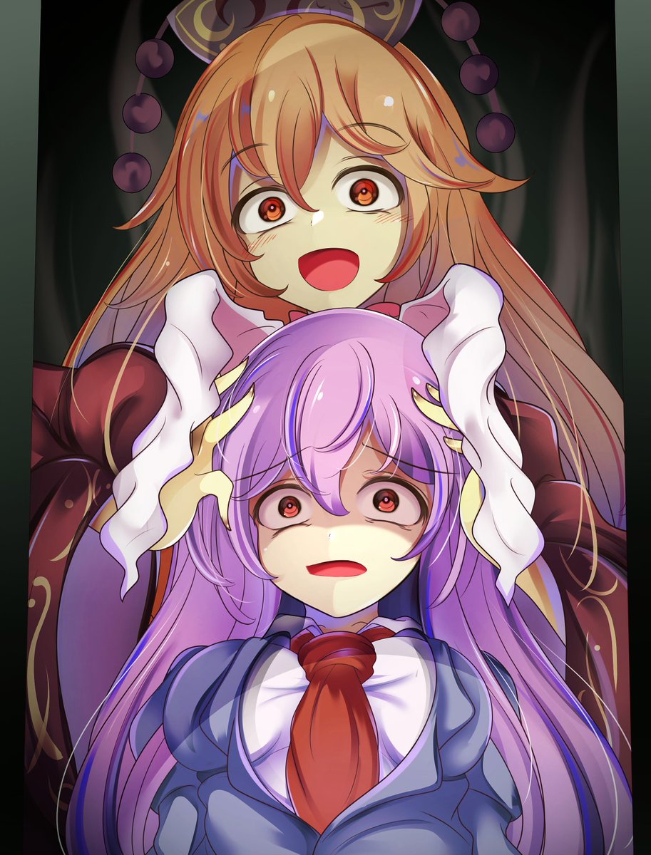 2girls animal_ears black_jacket blazer breasts chinese_clothes collared_shirt crazy_eyes crescent highres holding_another's_head jacket junko_(touhou) kana_(user_rkuc4823) long_hair long_sleeves medium_breasts multiple_girls necktie open_mouth orange_eyes orange_hair phoenix_crown purple_hair rabbit_ears rabbit_girl red_eyes red_necktie reisen_udongein_inaba shirt touhou very_long_hair white_shirt wide_sleeves worried