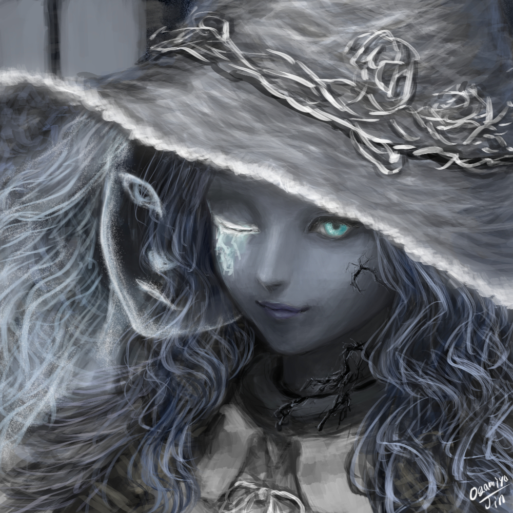1girl blue_eyes blue_skin cape close-up closed_mouth colored_skin cracked_skin elden_ring extra_faces fur_cape hat hat_ornament large_hat looking_at_viewer ogamiya_jin one_eye_closed portrait ranni_the_witch smile solo upper_body witch witch_hat