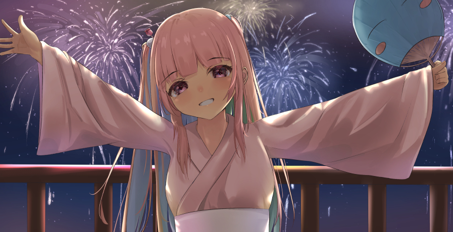 1girl bangs blunt_bangs clenched_teeth commentary fireworks hand_fan harurunoe holding holding_fan japanese_clothes kimono long_hair long_sleeves looking_at_viewer multicolored_hair night night_sky obi original outdoors outstretched_arms paper_fan pink_kimono sash sky smile solo star_(sky) starry_sky summer_festival teeth uchiwa wide_sleeves yukata