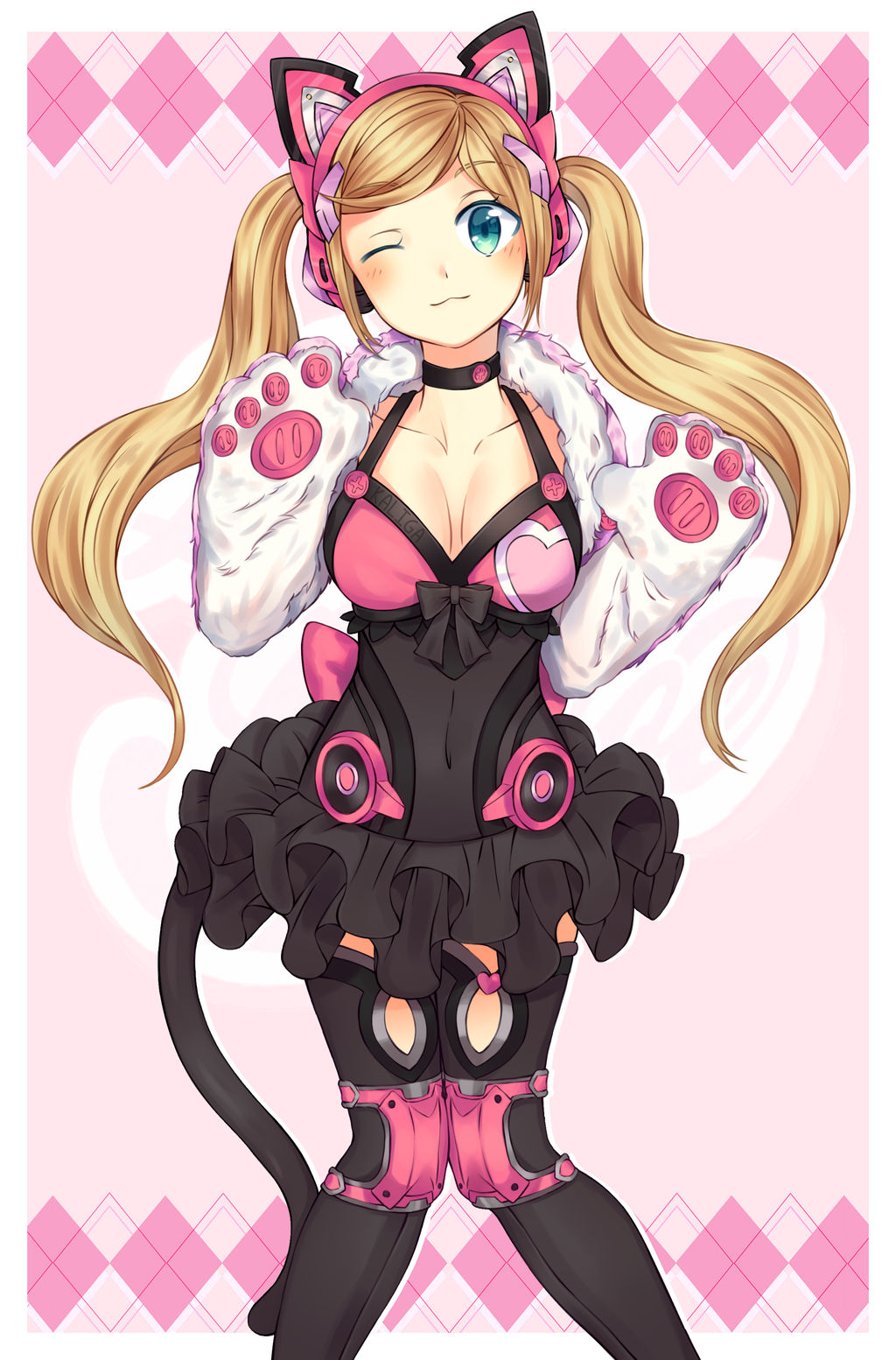 1girl alluring blonde_hair cat_ear_headphones cat_glove_blouse cute double_long_pigtails headphones highres insanely_hot kaliga lucky_chloe namco one_eye_closed tekken wink