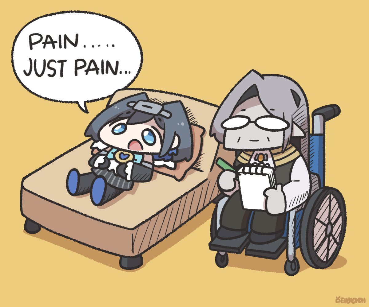 1boy 1girl black_hair blue_eyes chibi couch english_text glasses hololive hololive_english holostars holostars_english long_hair medium_hair noir_vesper notepad on_couch open_mouth ouro_kronii pillow pointy_ears sitting skirt underdatv wheelchair