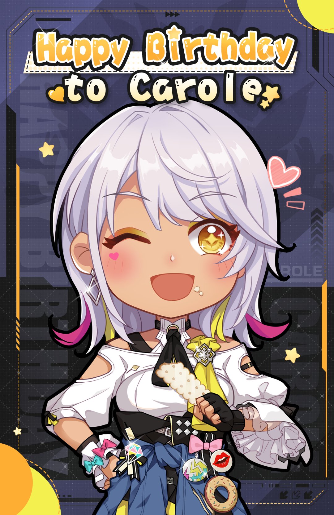 1girl :d bangs black_gloves blue_jacket carole_peppers character_name clothes_around_waist dark-skinned_female dark_skin fingerless_gloves food food_on_face gloves happy_birthday heart highres holding holding_food honkai_(series) honkai_impact_3rd jacket jacket_around_waist long_sleeves looking_at_viewer official_art one_eye_closed open_mouth pin shirt single_glove smile solo upper_body white_hair white_shirt yellow_eyes