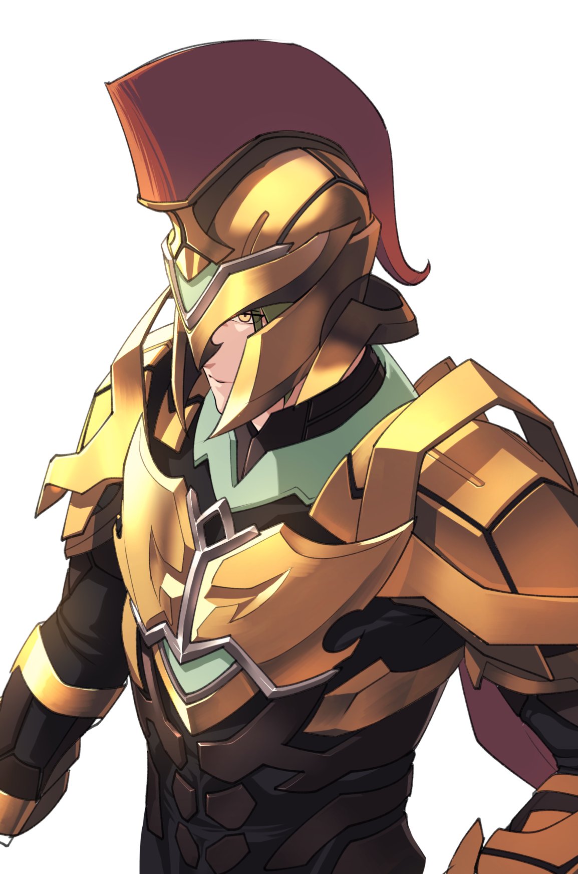 1boy achilles_(fate) armor closed_mouth commentary_request corinthian_helmet expressionless fate/apocrypha fate/grand_order fate_(series) gold_armor greek_helmet green_hair helmet highres hikichi_sakuya looking_away male_focus short_hair shoulder_armor simple_background solo upper_body vambraces white_background yellow_eyes