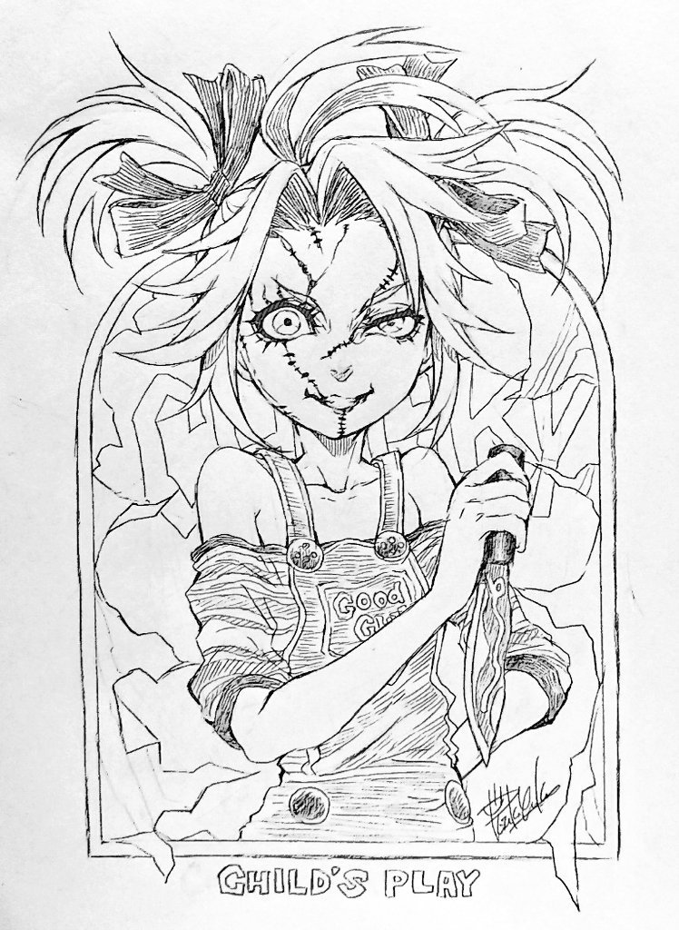 1girl antenna_hair arm_behind_back bare_shoulders bishoujo_terror buttons character_name child's_play chucky clothes_writing collarbone copyright_name crack cracked_skin eyelashes flat_chest genderswap genderswap_(mtf) grin hair_intakes hair_ribbon holding holding_knife isamu-ki_(yuuki) knife kotobukiya_bishoujo looking_at_viewer monochrome off_shoulder overalls ribbon short_hair short_twintails simple_background smile solo stitched_face stitches striped teeth traditional_media twintails uneven_eyes v-shaped_eyebrows white_background