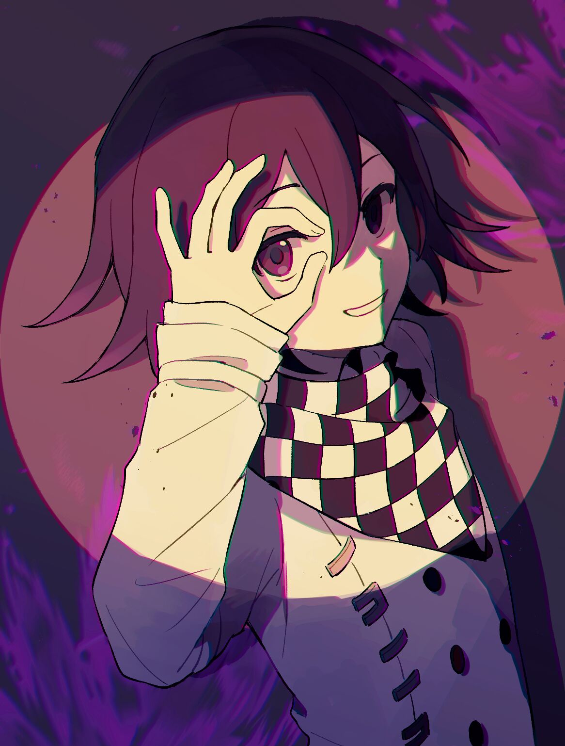 1boy bangs brown_background brown_hair buttons checkered_clothes checkered_scarf danganronpa_(series) danganronpa_v3:_killing_harmony double-breasted flipped_hair grey_jacket grin hair_between_eyes highres jacket kitano_yukiusagi long_sleeves male_focus multicolored_hair ouma_kokichi pink_background red_eyes scarf smile solo teeth two-tone_hair upper_body