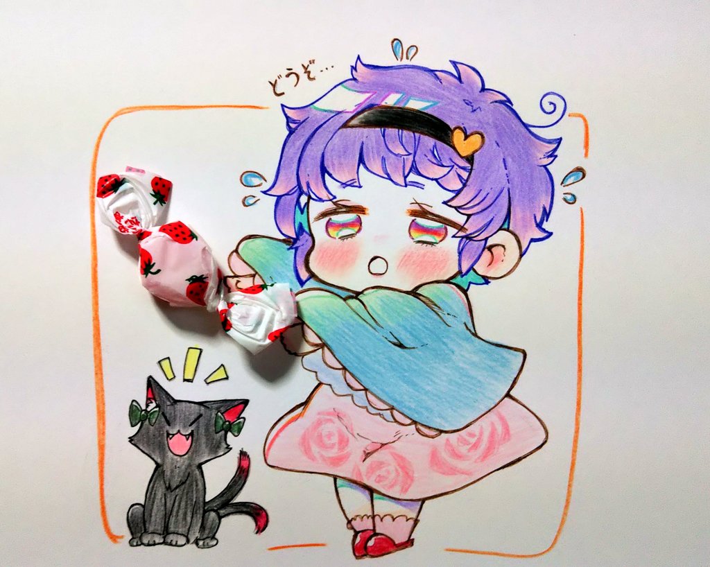 1girl :o black_cat black_hairband blouse blue_shirt blush bow candy cat chibi colored_pencil_(medium) commentary feeding floral_print flying_sweatdrops food fourth_wall green_bow hair_ornament hairband heart heart_hair_ornament holding holding_candy holding_food kaenbyou_rin kaenbyou_rin_(cat) karyuu_(raoz) komeiji_satori long_sleeves messy_hair notice_lines open_mouth pink_skirt pink_socks purple_hair red_eyes red_footwear rose_print shirt short_hair simple_background skirt slippers socks solo standing touhou traditional_media translated white_background wide_sleeves