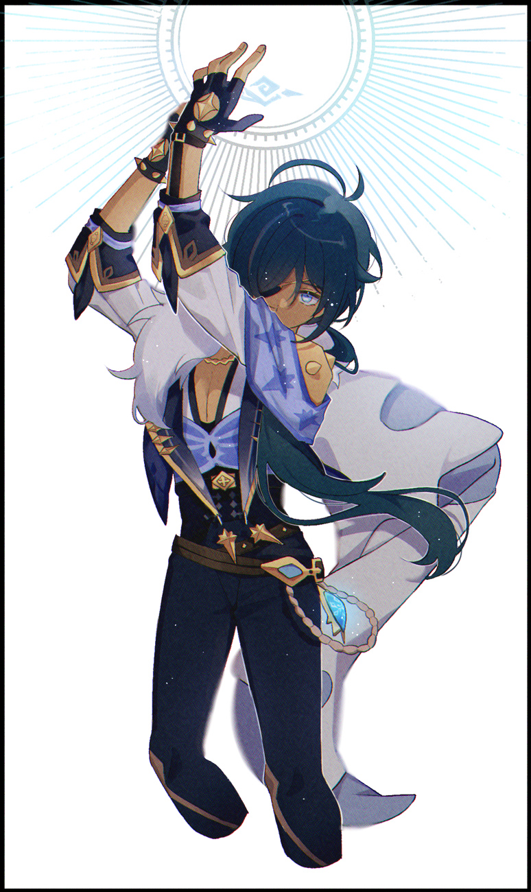 1boy antenna_hair arms_up bangs belt black_gloves black_pants blue_eyes blue_hair cape chain commentary cropped_legs dark-skinned_male dark_skin earrings fingerless_gloves fur-trimmed_cape fur_trim gem genshin_impact gloves gold_chain gold_trim hair_over_shoulder highres jewelry kaeya_(genshin_impact) long_hair low_ponytail male_focus nukoji pants pectorals simple_background single_earring solo spiked_gloves symbol-only_commentary vision_(genshin_impact) white_background