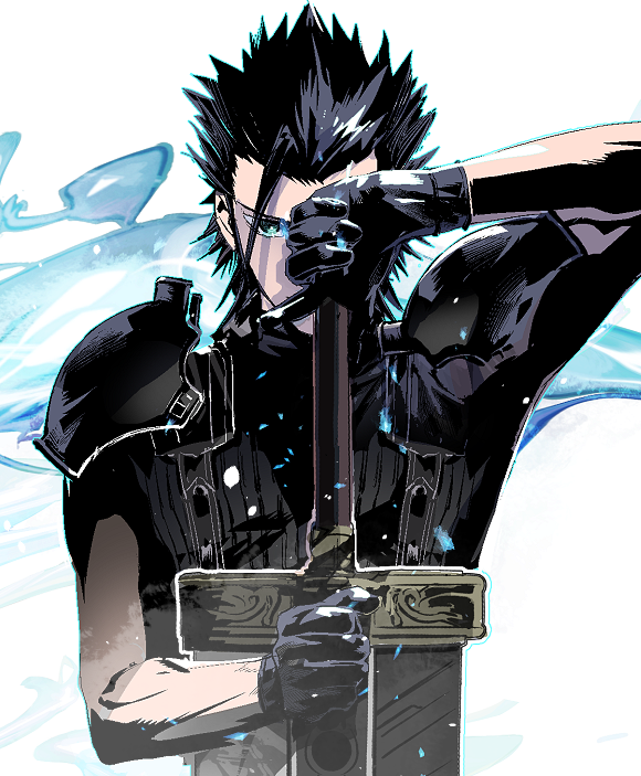 1boy armor black_gloves black_hair black_shirt buster_sword cofffee commentary_request final_fantasy final_fantasy_vii final_fantasy_vii_remake forehead gloves green_eyes hand_up hilt holding looking_at_viewer male_focus shadow shirt short_hair short_sleeves shoulder_armor simple_background soldier solo spiky_hair toned upper_body white_background zack_fair