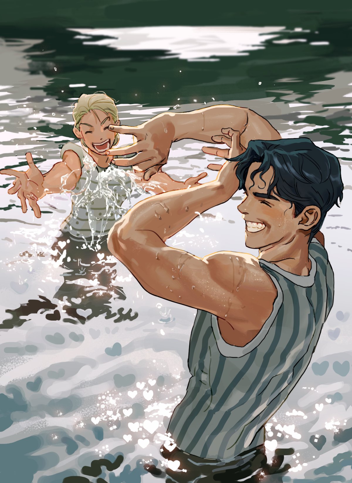 2boys aged_down black_hair blonde_hair character_request check_character dio_brando highres jojo_no_kimyou_na_bouken jonathan_joestar lake male_focus multiple_boys open_mouth partially_submerged ripples short_hair sleeveless splashing teeth usolging wading water wet wet_clothes