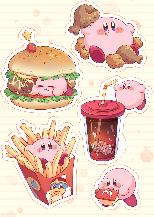 :q blue_eyes blush burger chinese_commentary closed_eyes commentary_request drinking_straw eating food food_on_face french_fries fried_chicken holding ice ice_cube king_dedede kirby kirby_(series) multiple_views no_humans smile soda tongue tongue_out wuxu_you_de_zuobiao