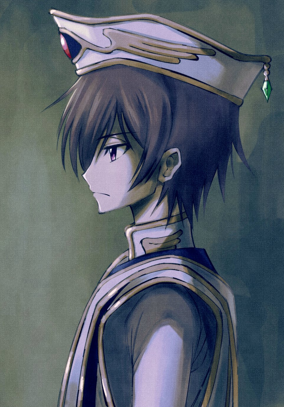 1boy brown_hair code_geass from_side gem hat highres hougu_cg lelouch_lamperouge male_focus profile short_hair solo upper_body violet_eyes
